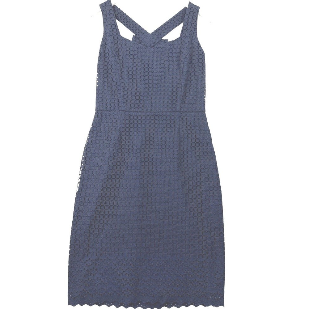 Brooks Brothers Eyelet Lace Sheath Dress Women's 2 Navy Bow Back Sleeveless